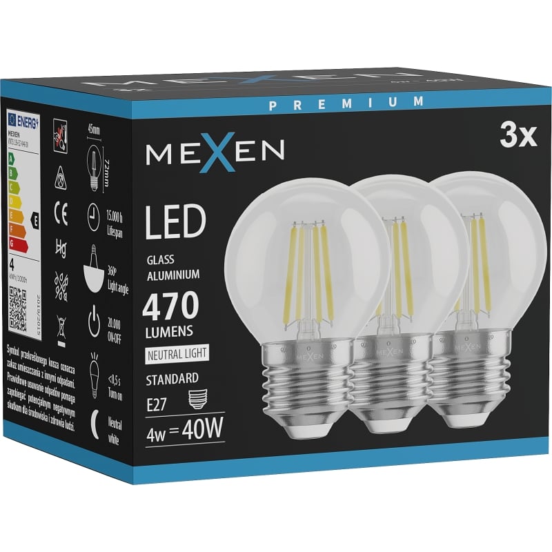 Mexen Vintis 3x LED-Filament-Glühbirne E27, G45, 4W, Neutral - 4000K, 470 lm, klar - L156-E27-0427-00x03 - L156-E27-0440-00x03