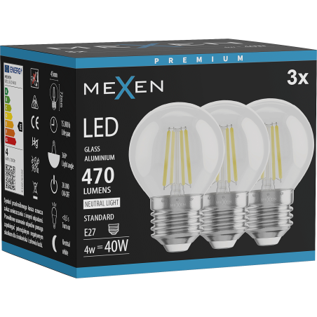 Mexen Vintis 3x LED-Filament-Glühbirne E27, G45, 4W, Neutral - 4000K, 470 lm, klar - L156-E27-0427-00x03 - L156-E27-0440-00x03