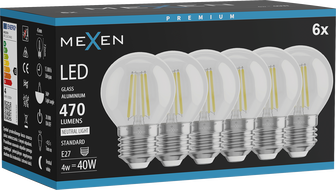 Mexen Vintis 6x LED-Filament-Glühbirne E27, G45, 4W, Neutral - 4000K, 470 lm, klar - L156-E27-0427-00x06 - L156-E27-0440-00x06