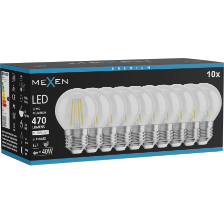 Mexen Vintis 10x LED Filamentlampe E27, G45, 4W, Neutral - 4000K, 470 lm, klar - L156-E27-0427-00x10 - L156-E27-0440-00x10