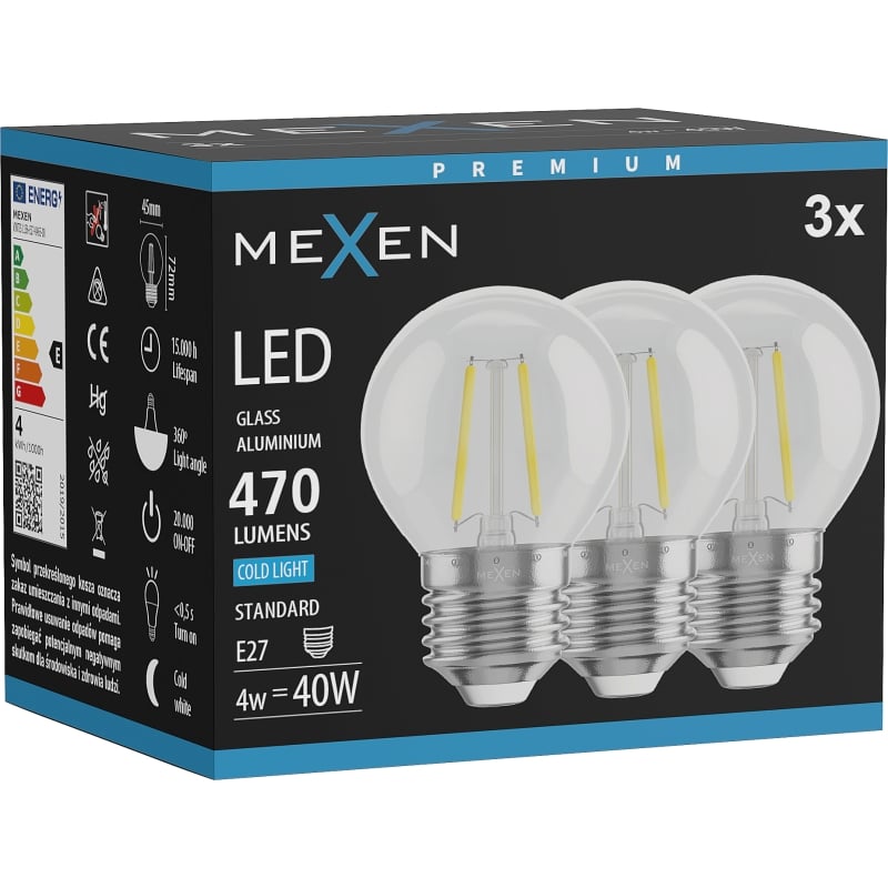 Mexen Vintis 3x Filament-LED-Birne E27, G45, 4W, Kalt - 6500K, 470 lm, klar - L156-E27-0465-00x03