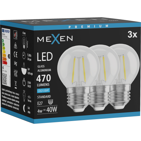 Mexen Vintis 3x Filament-LED-Birne E27, G45, 4W, Kalt - 6500K, 470 lm, klar - L156-E27-0465-00x03