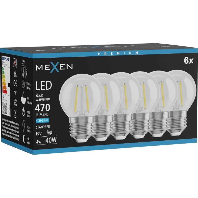 Mexen Vintis 6x Filament LED-Glühbirne E27, G45, 4W, Kalt - 6500K, 470 lm, klar - L156-E27-0465-00x06