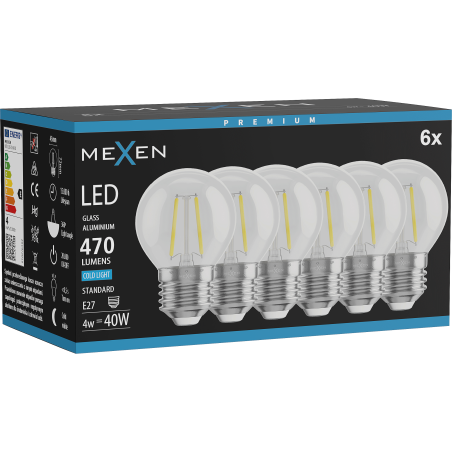 Mexen Vintis 6x Filament LED-Glühbirne E27, G45, 4W, Kalt - 6500K, 470 lm, klar - L156-E27-0465-00x06