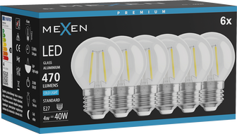 Mexen Vintis 6x Filament LED-Glühbirne E27, G45, 4W, Kalt - 6500K, 470 lm, klar - L156-E27-0465-00x06