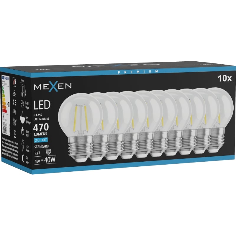 Mexen Vintis 10x LED-Filamentlampe E27, G45, 4W, Kalt - 6500K, 470 lm, klar - L156-E27-0465-00x10