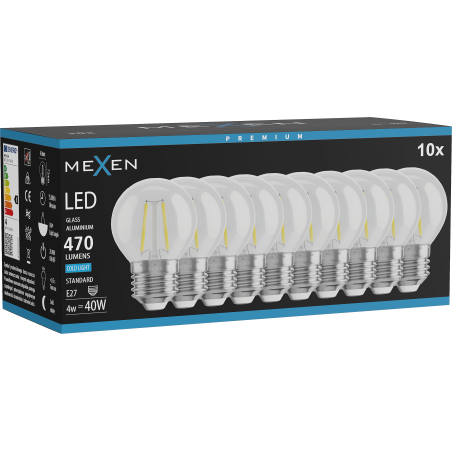 Mexen Vintis 10x LED-Filamentlampe E27, G45, 4W, Kalt - 6500K, 470 lm, klar - L156-E27-0465-00x10