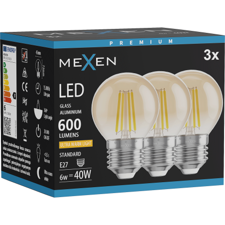 Mexen Vintis 3x LED-Filament-Glühbirne E27, G45, 6W, Warm - 2200K, 600 lm, bernstein - L156-E27-0622-50x03