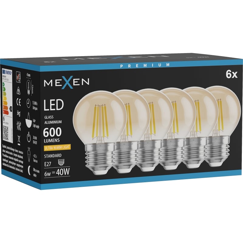 Mexen Vintis 6x LED-Glühlampe Filament E27, G45, 6W, Warm - 2200K, 600 lm, Bernstein - L156-E27-0622-50x06