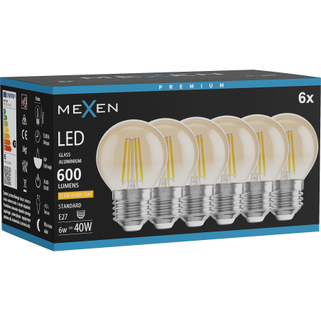 Mexen Vintis 6x LED-Glühlampe Filament E27, G45, 6W, Warm - 2200K, 600 lm, Bernstein - L156-E27-0622-50x06