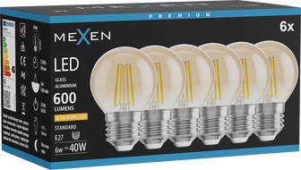 Mexen Vintis 6x LED-Glühlampe Filament E27, G45, 6W, Warm - 2200K, 600 lm, Bernstein - L156-E27-0622-50x06