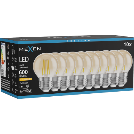 Mexen Vintis 10x LED-Filament-Glühbirne E27, G45, 6W, Warmweiß - 2200K, 600 lm, amber - L156-E27-0622-50x10