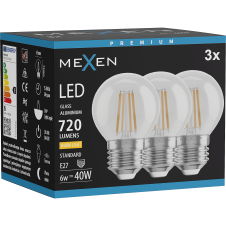 Mexen Vintis 3x LED-Filamentlampe E27, G45, 6W, Warm - 2700K, 720 lm, klar - L156-E27-0627-00x03