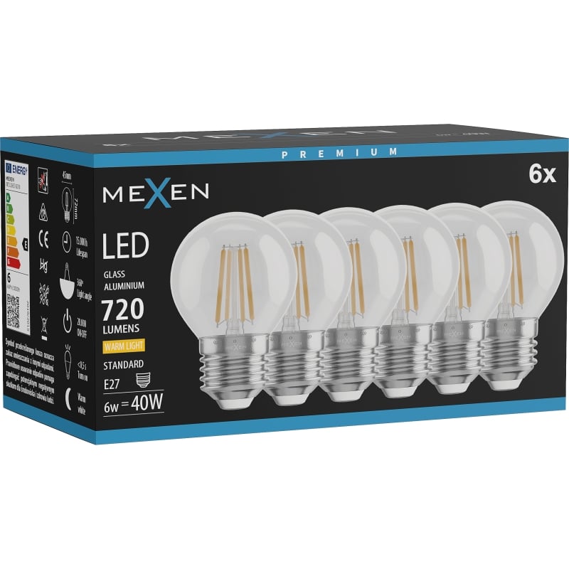 Mexen Vintis 6x LED-Filament-Glühbirne E27, G45, 6W, Warm - 2700K, 720 lm, klar - L156-E27-0627-00x06