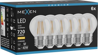 Mexen Vintis 6x LED-Filament-Glühbirne E27, G45, 6W, Warm - 2700K, 720 lm, klar - L156-E27-0627-00x06