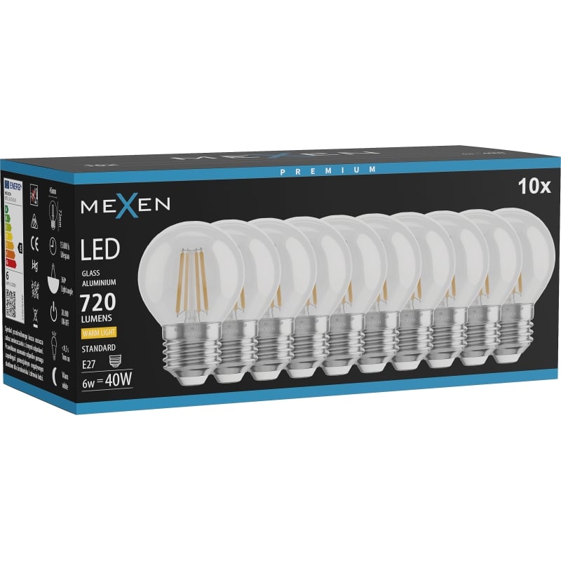 Mexen Vintis 10x LED-Filament-Glühbirne E27, G45, 6W, Warm - 2700K, 720 lm, klar - L156-E27-0627-00x10