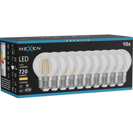 Mexen Vintis 10x LED-Filament-Glühbirne E27, G45, 6W, Warm - 2700K, 720 lm, klar - L156-E27-0627-00x10
