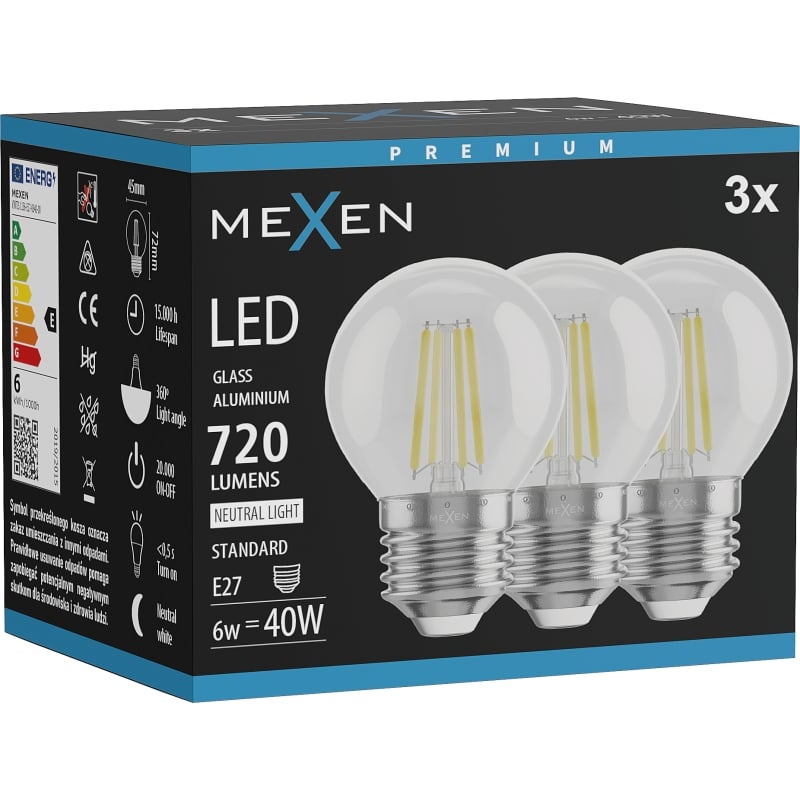 Mexen Vintis 3x LED-Filamentlampe E27, G45, 6W, Neutral - 4000K, 720 lm, klar - L156-E27-0627-00x03 - L156-E27-0640-00x03