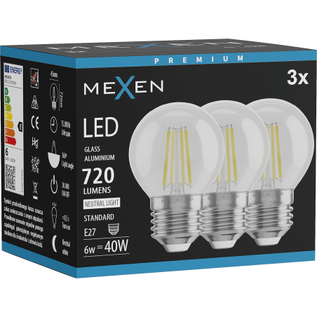 Mexen Vintis 3x LED-Filamentlampe E27, G45, 6W, Neutral - 4000K, 720 lm, klar - L156-E27-0627-00x03 - L156-E27-0640-00x03