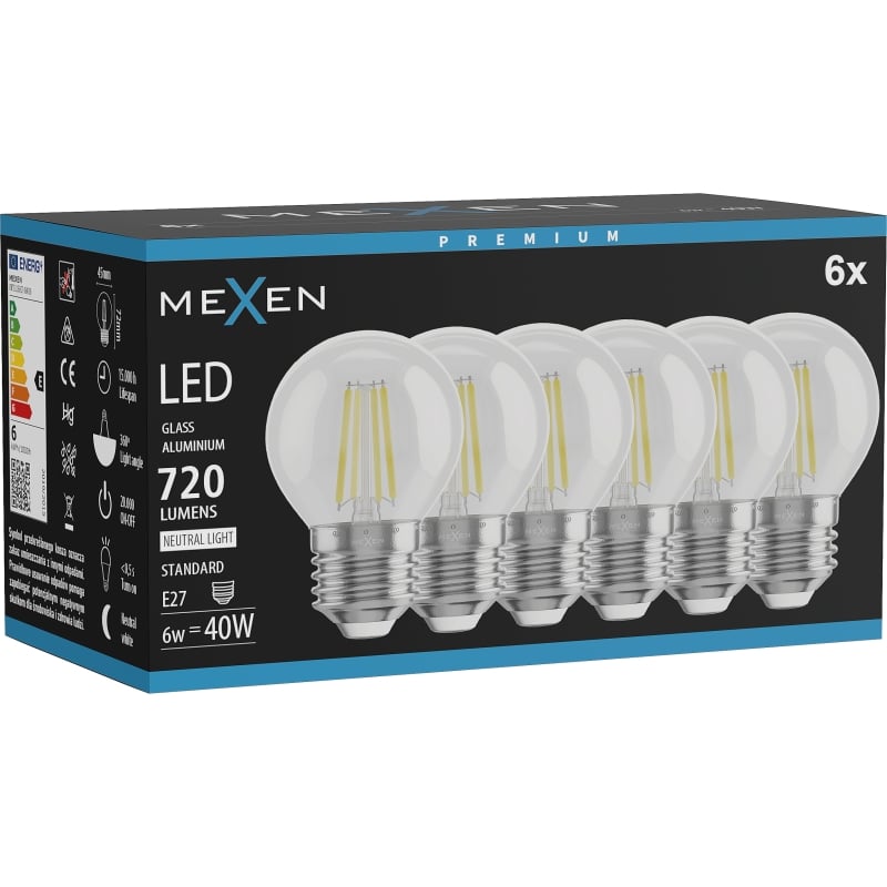 Mexen Vintis 6x LED Filamentlampe E27, G45, 6W, Neutral - 4000K, 720 lm, klar - L156-E27-0627-00x06 - L156-E27-0640-00x06