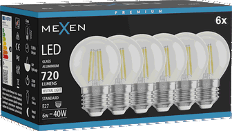 Mexen Vintis 6x LED Filamentlampe E27, G45, 6W, Neutral - 4000K, 720 lm, klar - L156-E27-0627-00x06 - L156-E27-0640-00x06