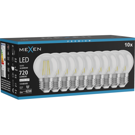 Mexen Vintis 10x LED-Filamentlampe E27, G45, 6W, Neutral - 4000K, 720 lm, klar - L156-E27-0627-00x10 - L156-E27-0640-00x10