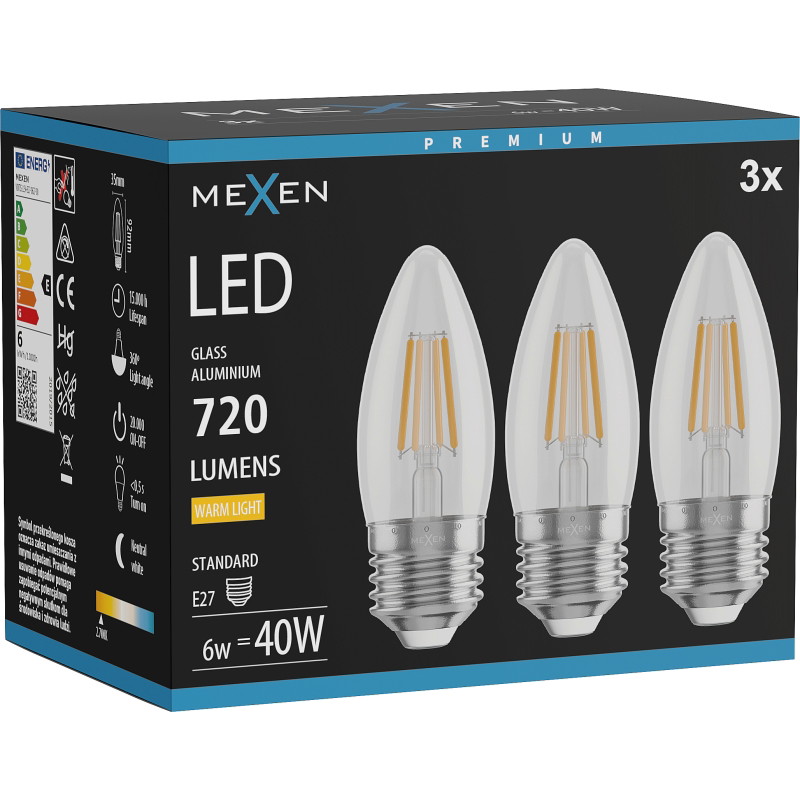 Mexen Vintis 3x LED-Filament-Glühbirne E27, C35, 6W, Warm - 2700K, 720 lm, klar - L154-E27-0627-00x03