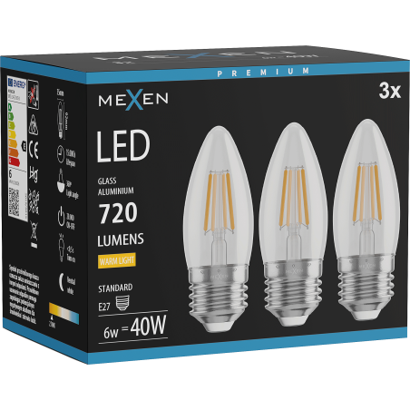 Mexen Vintis 3x LED-Filament-Glühbirne E27, C35, 6W, Warm - 2700K, 720 lm, klar - L154-E27-0627-00x03
