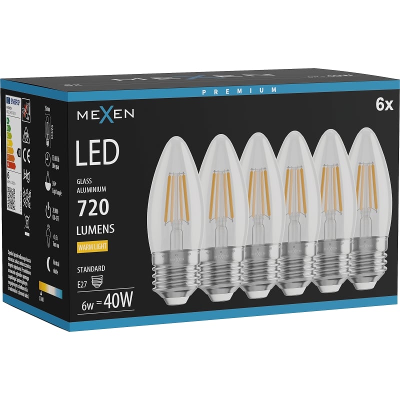 Mexen Vintis 6x LED-Filamentlampe E27, C35, 6W, Warm - 2700K, 720 lm, klar - L154-E27-0627-00x06