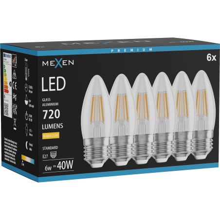 Mexen Vintis 6x LED-Filamentlampe E27, C35, 6W, Warm - 2700K, 720 lm, klar - L154-E27-0627-00x06