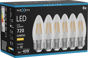 Mexen Vintis 6x LED-Filamentlampe E27, C35, 6W, Warm - 2700K, 720 lm, klar - L154-E27-0627-00x06