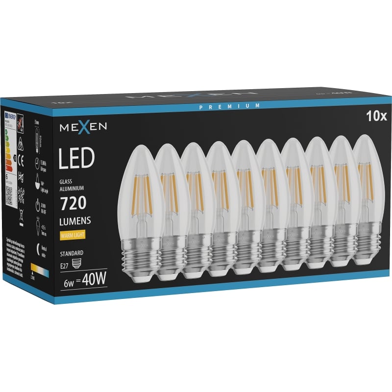 Mexen Vintis 10x LED-Filamentlampe E27, C35, 6W, Warm - 2700K, 720 lm, klar - L154-E27-0627-00x10