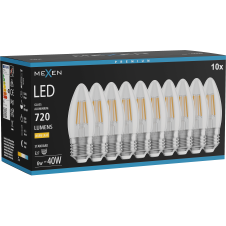 Mexen Vintis 10x LED-Filamentlampe E27, C35, 6W, Warm - 2700K, 720 lm, klar - L154-E27-0627-00x10
