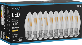 Mexen Vintis 10x LED-Filamentlampe E27, C35, 6W, Warm - 2700K, 720 lm, klar - L154-E27-0627-00x10