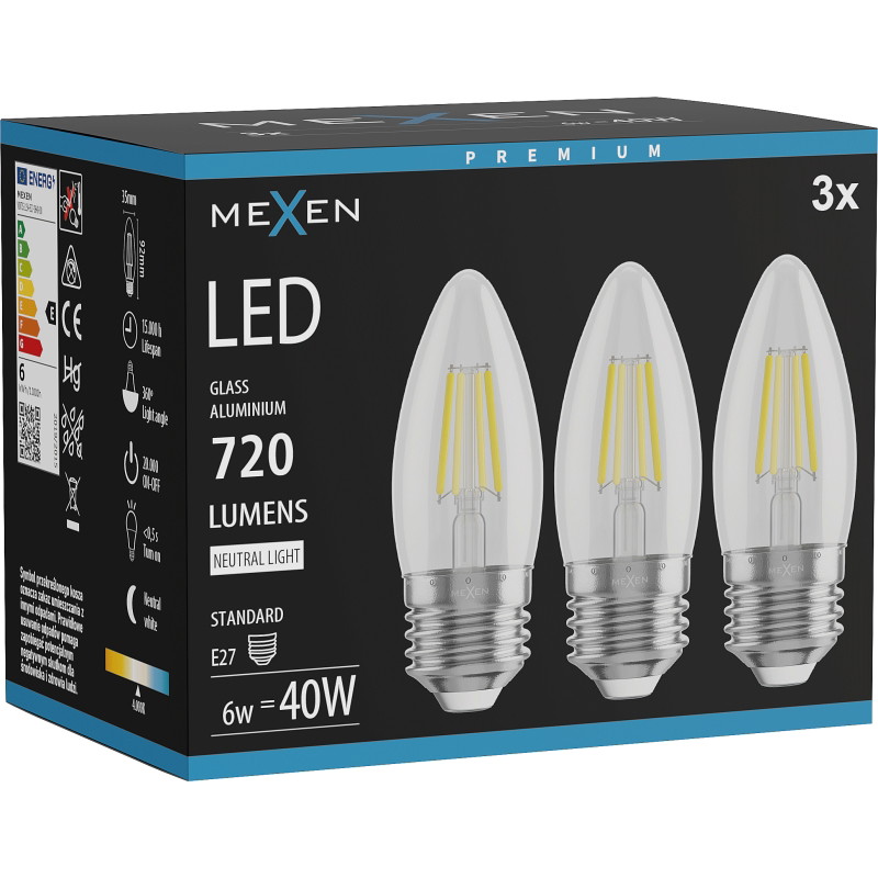 Mexen Vintis 3x LED-Filament-Glühbirne E27, C35, 6W, Neutral - 4000K, 720 lm, klar - L154-E27-0640-00x03
