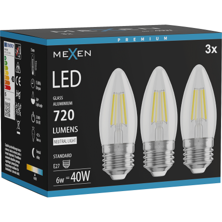 Mexen Vintis 3x LED-Filament-Glühbirne E27, C35, 6W, Neutral - 4000K, 720 lm, klar - L154-E27-0640-00x03