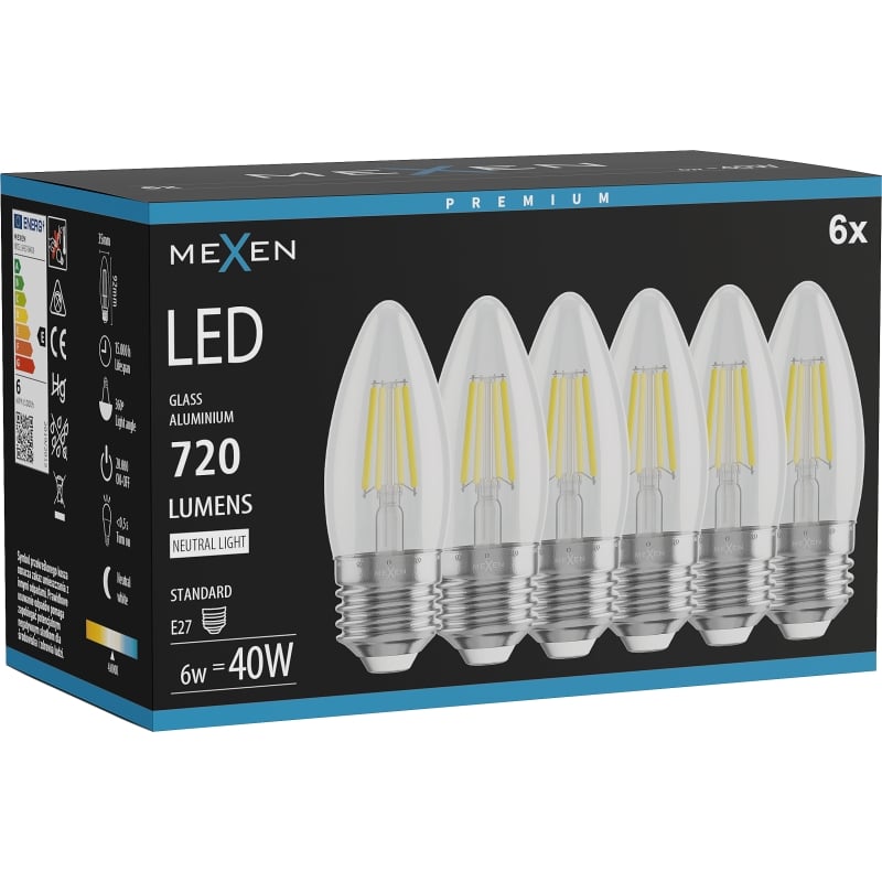Mexen Vintis 6x LED Filamentlampe E27, C35, 6W, Neutral - 4000K, 720 lm, klar - L154-E27-0640-00x06