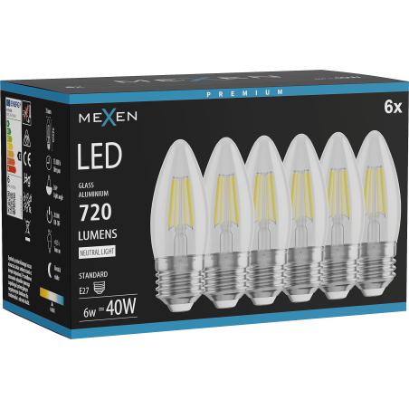 Mexen Vintis 6x LED Filamentlampe E27, C35, 6W, Neutral - 4000K, 720 lm, klar - L154-E27-0640-00x06