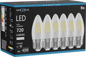 Mexen Vintis 6x LED Filamentlampe E27, C35, 6W, Neutral - 4000K, 720 lm, klar - L154-E27-0640-00x06
