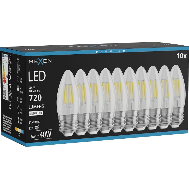 Mexen Vintis 10x LED-Filamentlampe E27, C35, 6W, Neutral - 4000K, 720 lm, klar - L154-E27-0640-00x10