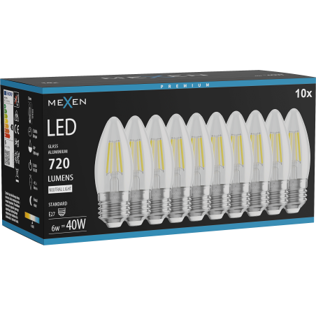 Mexen Vintis 10x LED-Filamentlampe E27, C35, 6W, Neutral - 4000K, 720 lm, klar - L154-E27-0640-00x10
