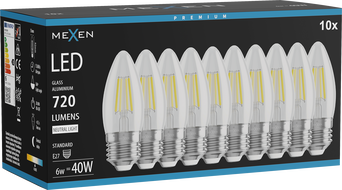 Mexen Vintis 10x LED-Filamentlampe E27, C35, 6W, Neutral - 4000K, 720 lm, klar - L154-E27-0640-00x10