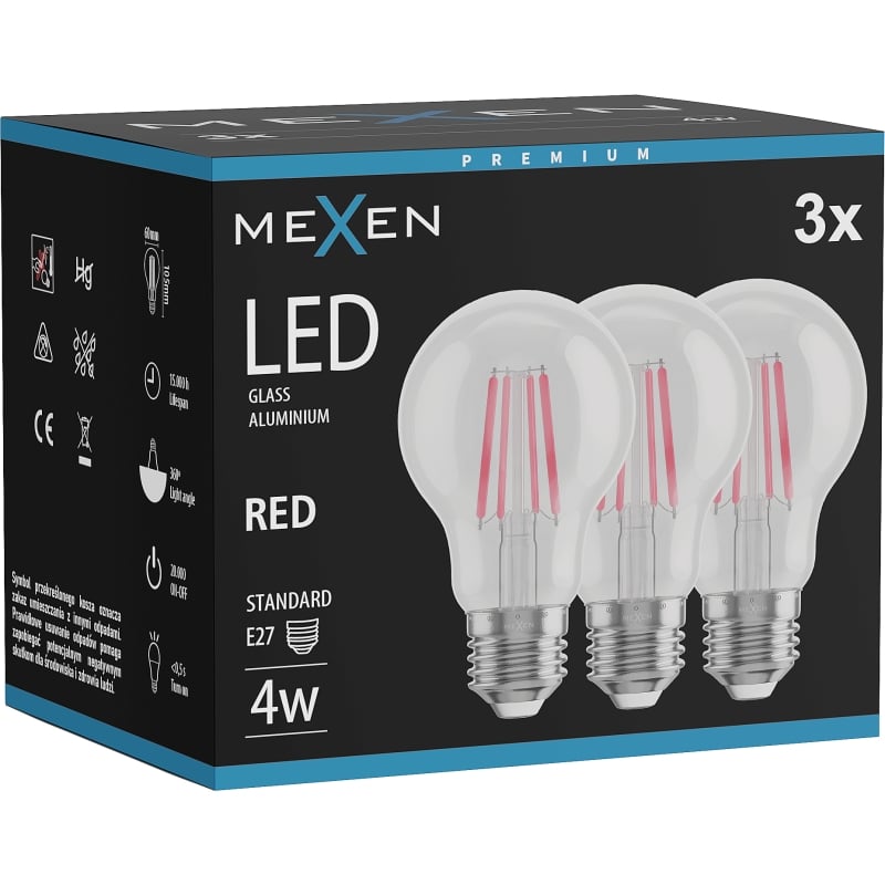 Mexen Vintis 3x LED-Filamentlampe E27, A60, 4W, 55 lm, rot - L150-E27-04XX-45x03