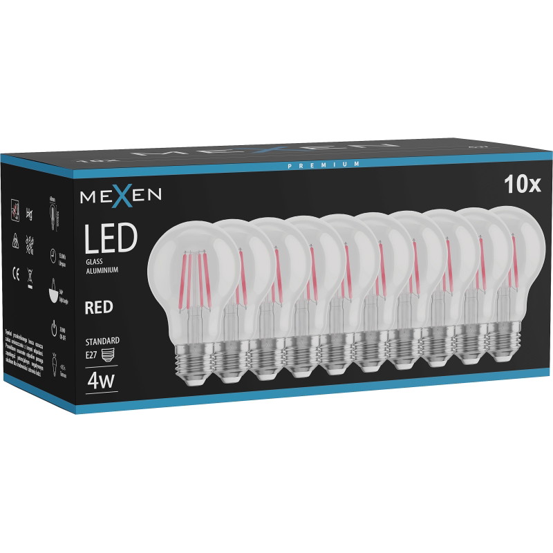 Mexen Vintis 10x LED-Filament-Glühbirne E27, A60, 4W, 55 lm, rot - L150-E27-04XX-45x10