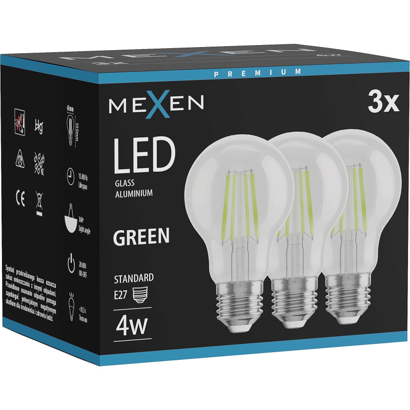 Mexen Vintis 3x LED-Filament-Glühbirne E27, A60, 4 W, 55 lm, grün - L150-E27-04XX-46x03