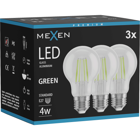 Mexen Vintis 3x LED-Filament-Glühbirne E27, A60, 4 W, 55 lm, grün - L150-E27-04XX-46x03