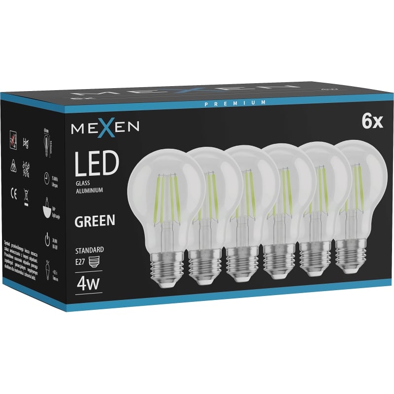 Mexen Vintis 6x LED-Filamentlampe E27, A60, 4W, 55 lm, grün - L150-E27-04XX-46x06