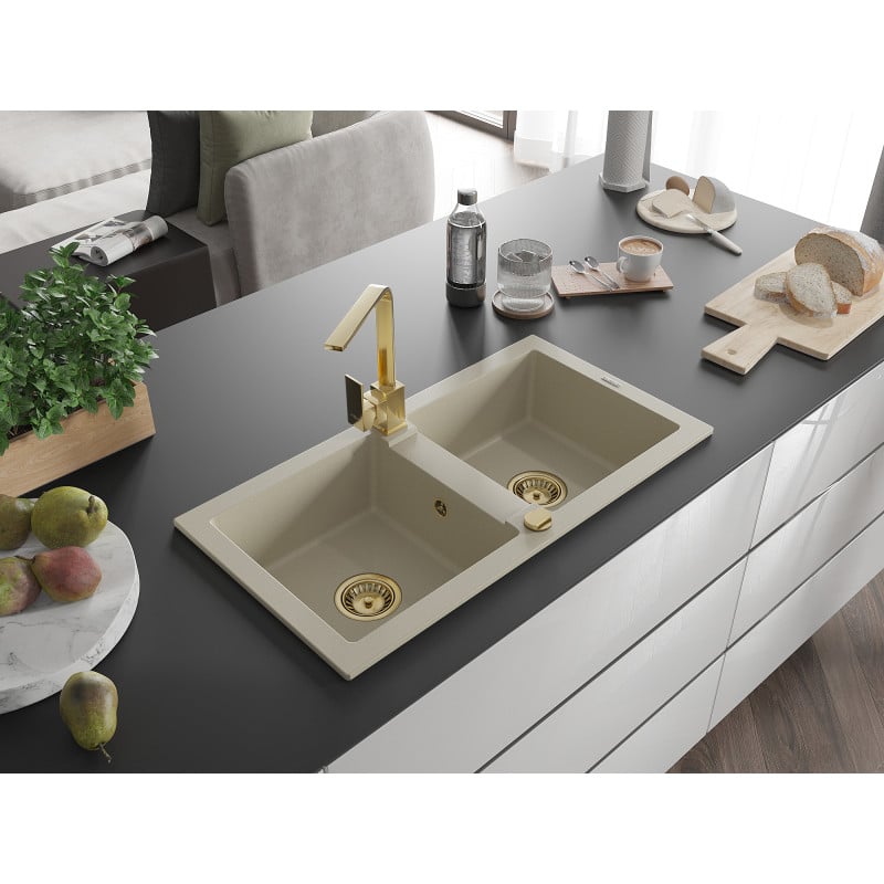 Mexen Mario Granitspüle 2-Kammer mit Küchenarmatur Rita, beige - 6504-69-670300-50