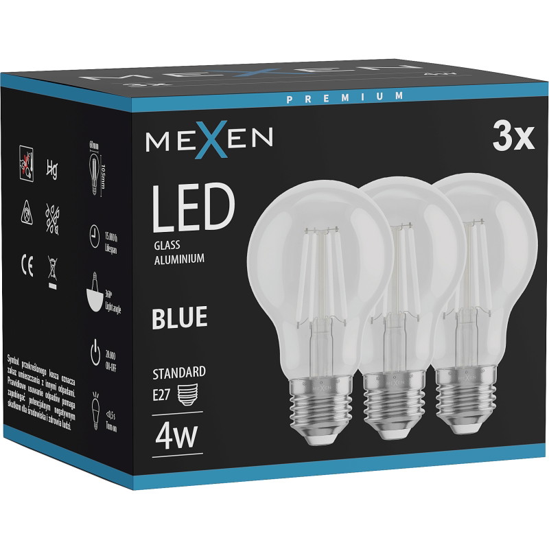 Mexen Vintis 3x LED-Filamentbirne E27, A60, 4W, 55 lm, blau - L150-E27-04XX-47x03