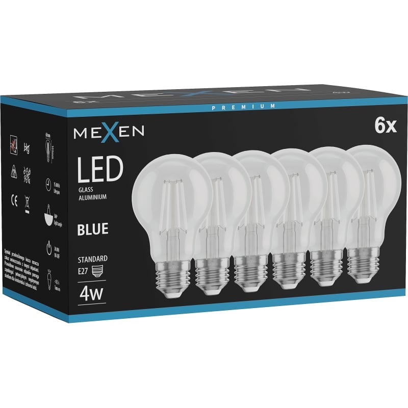 Mexen Vintis 6x LED-Filamentlampe E27, A60, 4W, 55 lm, blau - L150-E27-04XX-47x06